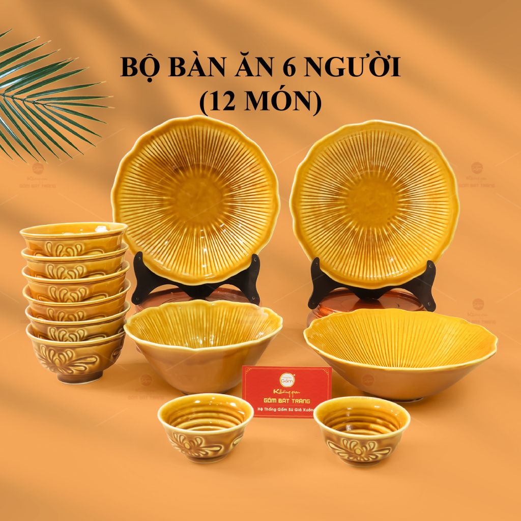 Bộ Bát Đĩa Men Nâu Vân Sen
