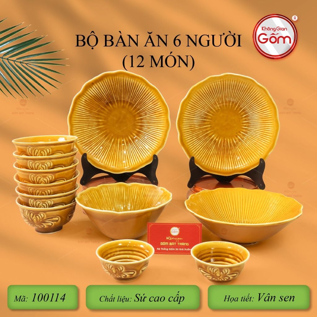 Bộ Bàn Ăn 6 Người (12 Món) Men Nâu Vân Sen
