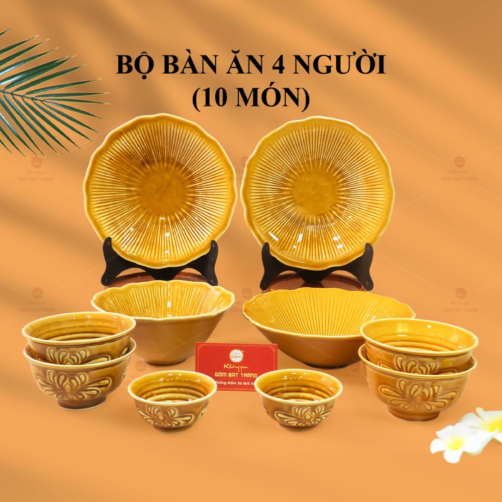 Bộ Bát Đĩa Men Nâu Vân Sen