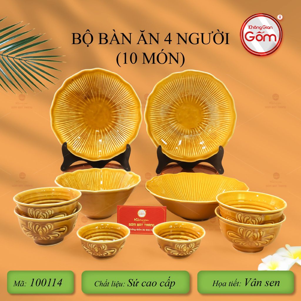 Bộ Bát Đĩa Men Nâu Vân Sen