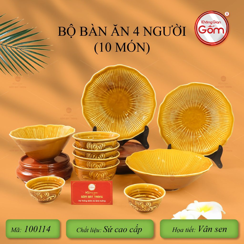 Bộ Bàn Ăn 4 Người (10 Món) Men Nâu Vân Sen