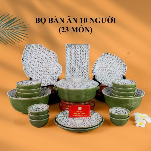Bộ Bàn Ăn 10 Người (23 món) Men Xanh Ngọc Vẽ Bèo