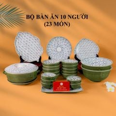 Bộ Bát Đĩa Bát Tràng Men Xanh Ngọc Vẽ Bèo