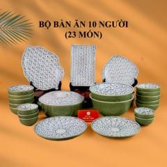 Bộ Bàn Ăn 10 Người (23 món) Men Xanh Ngọc Vẽ Bèo
