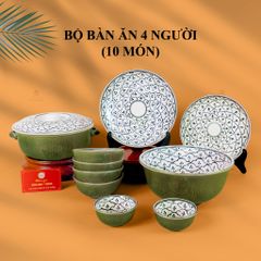 Bộ Bàn Ăn 4 Người (10 món) Men Xanh Ngọc Vẽ Bèo