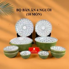 Bộ Bàn Ăn 4 Người (10 món) Men Xanh Ngọc Vẽ Bèo