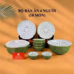 Bộ Bàn Ăn 4 Người (10 món) Men Xanh Ngọc Vẽ Bèo