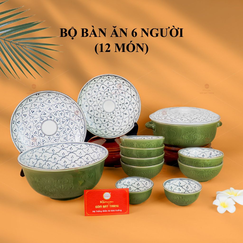 Bộ Bàn Ăn 6 Người (12 món) Men Xanh Ngọc Vẽ Bèo