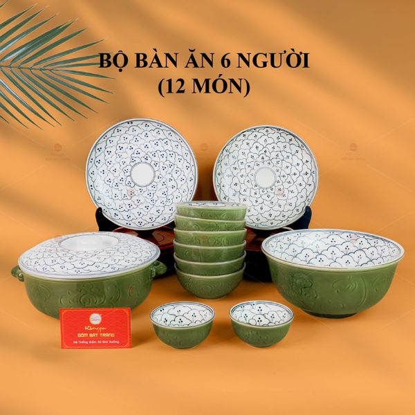 Bộ Bàn Ăn 6 Người (12 món) Men Xanh Ngọc Vẽ Bèo