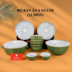 Bộ Bàn Ăn 6 Người (12 món) Men Xanh Ngọc Vẽ Bèo