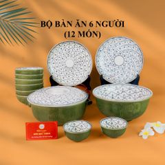 Bộ Bàn Ăn 6 Người (12 món) Men Xanh Ngọc Vẽ Bèo