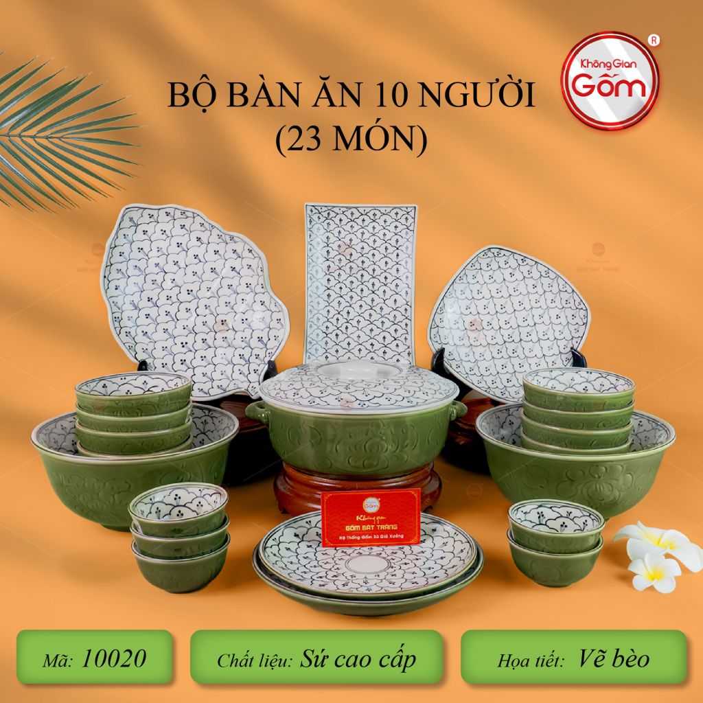 Bộ Bàn Ăn 10 Người (23 món) Men Xanh Ngọc Vẽ Bèo