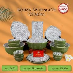 Bộ Bàn Ăn 10 Người (23 món) Men Xanh Ngọc Vẽ Bèo