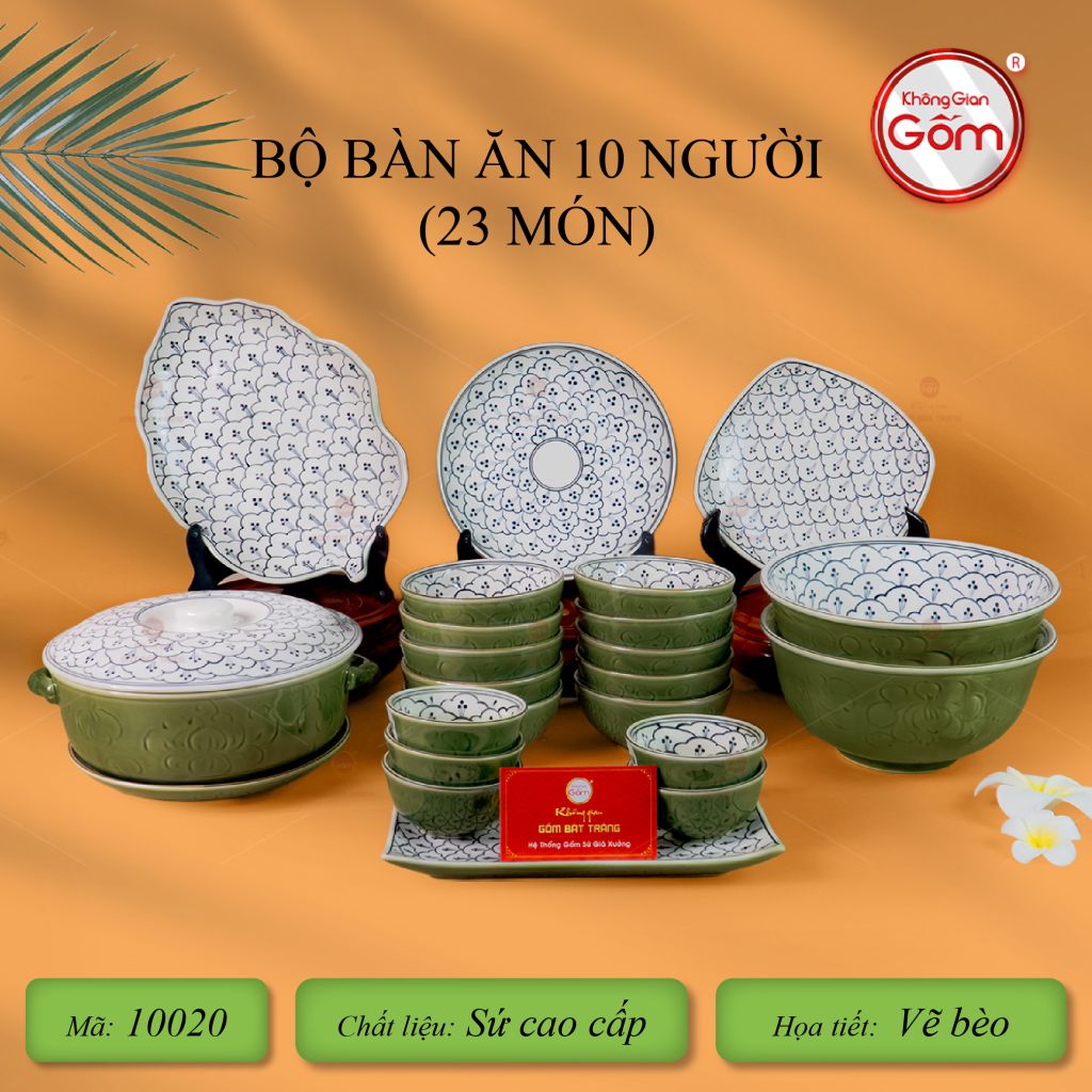 Bộ Bát Đĩa Bát Tràng Men Xanh Ngọc Vẽ Bèo