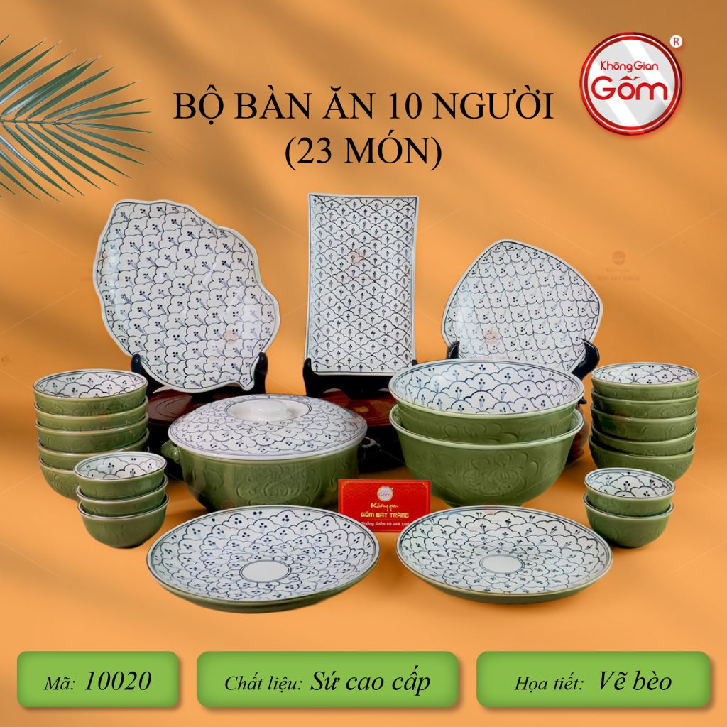 Bộ Bàn Ăn 10 Người (23 món) Men Xanh Ngọc Vẽ Bèo