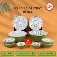 Bộ Bàn Ăn 4 Người (10 món) Men Xanh Ngọc Vẽ Bèo