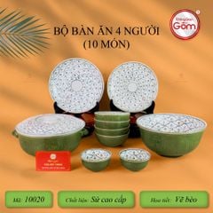 Bộ Bát Đĩa Bát Tràng Men Xanh Ngọc Vẽ Bèo