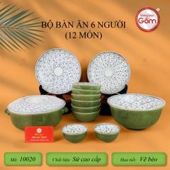 Bộ Bàn Ăn 6 Người (12 món) Men Xanh Ngọc Vẽ Bèo