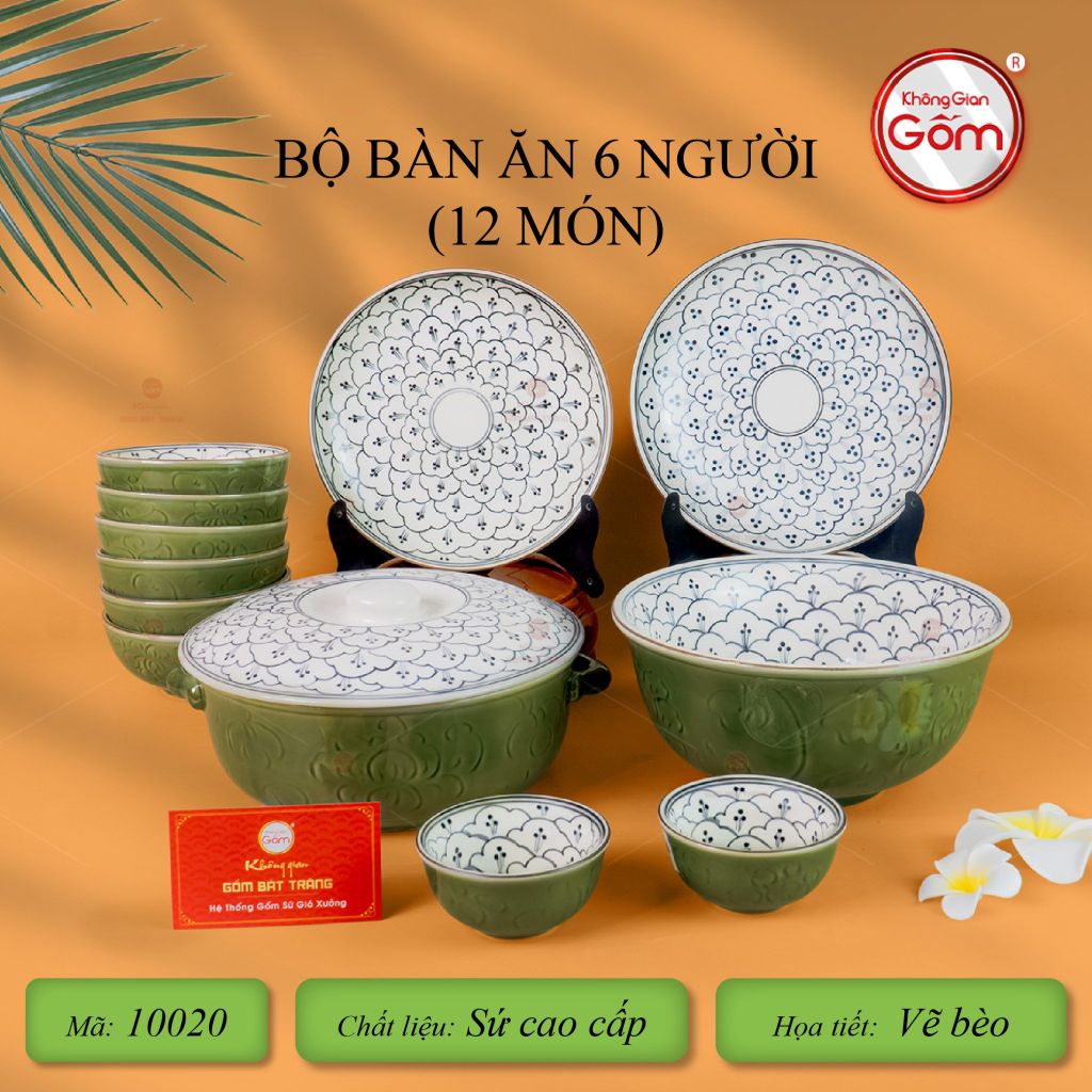 Bộ Bàn Ăn 6 Người (12 món) Men Xanh Ngọc Vẽ Bèo