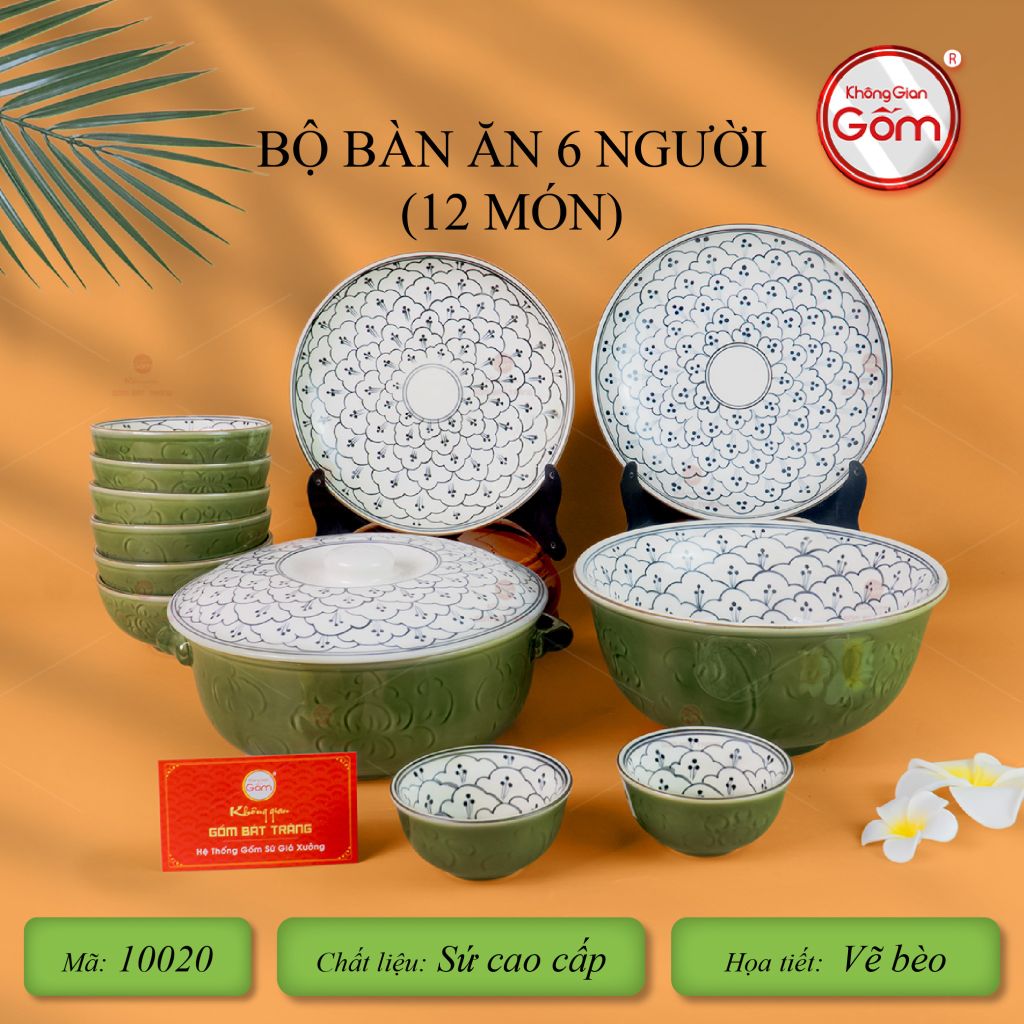 Bộ Bát Đĩa Bát Tràng Men Xanh Ngọc Vẽ Bèo