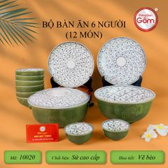 Bộ Bát Đĩa Bát Tràng Men Xanh Ngọc Vẽ Bèo