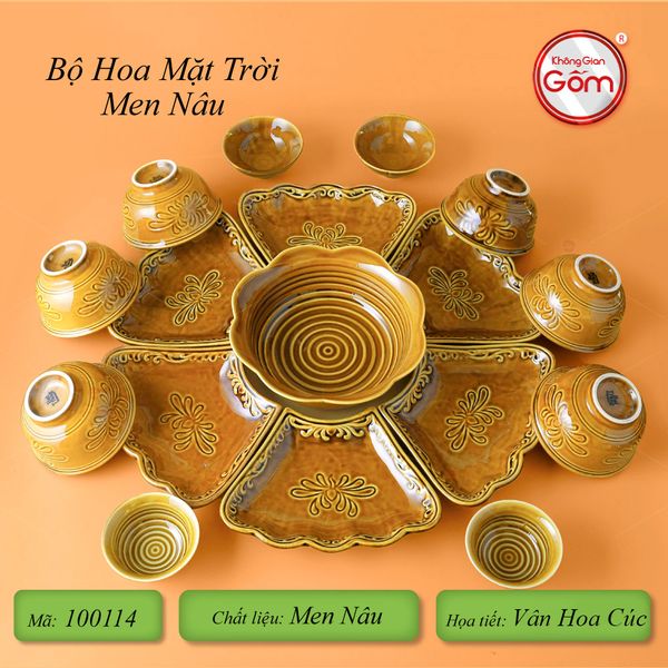 Bộ Bát Đĩa Hoa Mặt Trời Men Nâu Vân Hoa Cúc