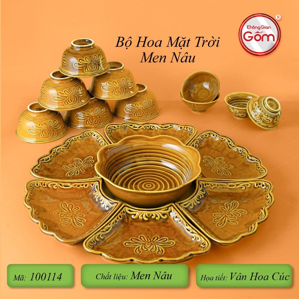 Bộ Bát Đĩa Hoa Mặt Trời Men Nâu Vân Hoa Cúc