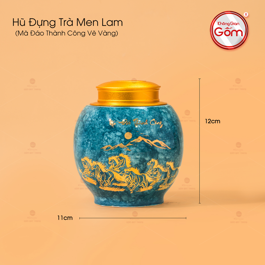 Hũ Đựng Trà Men Lam Mã Đáo Thành Công Vẽ Vàng