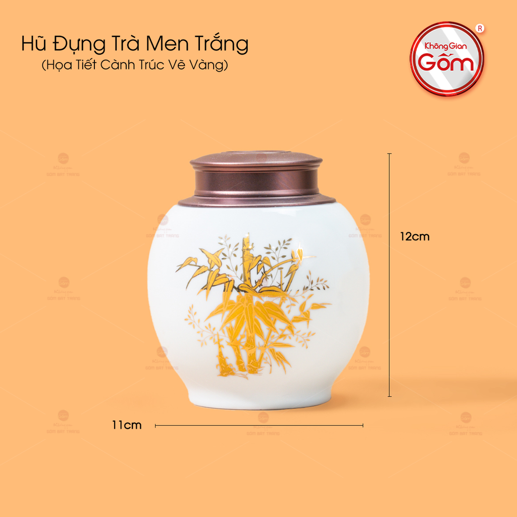 Hũ Đựng Trà Men Trắng Họa Tiết Cành Trúc Vẽ Vàng