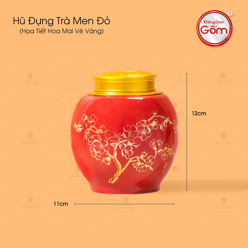 Hũ Đựng Trà Men Đỏ Họa Tiết Hoa Mai Vẽ Vàng