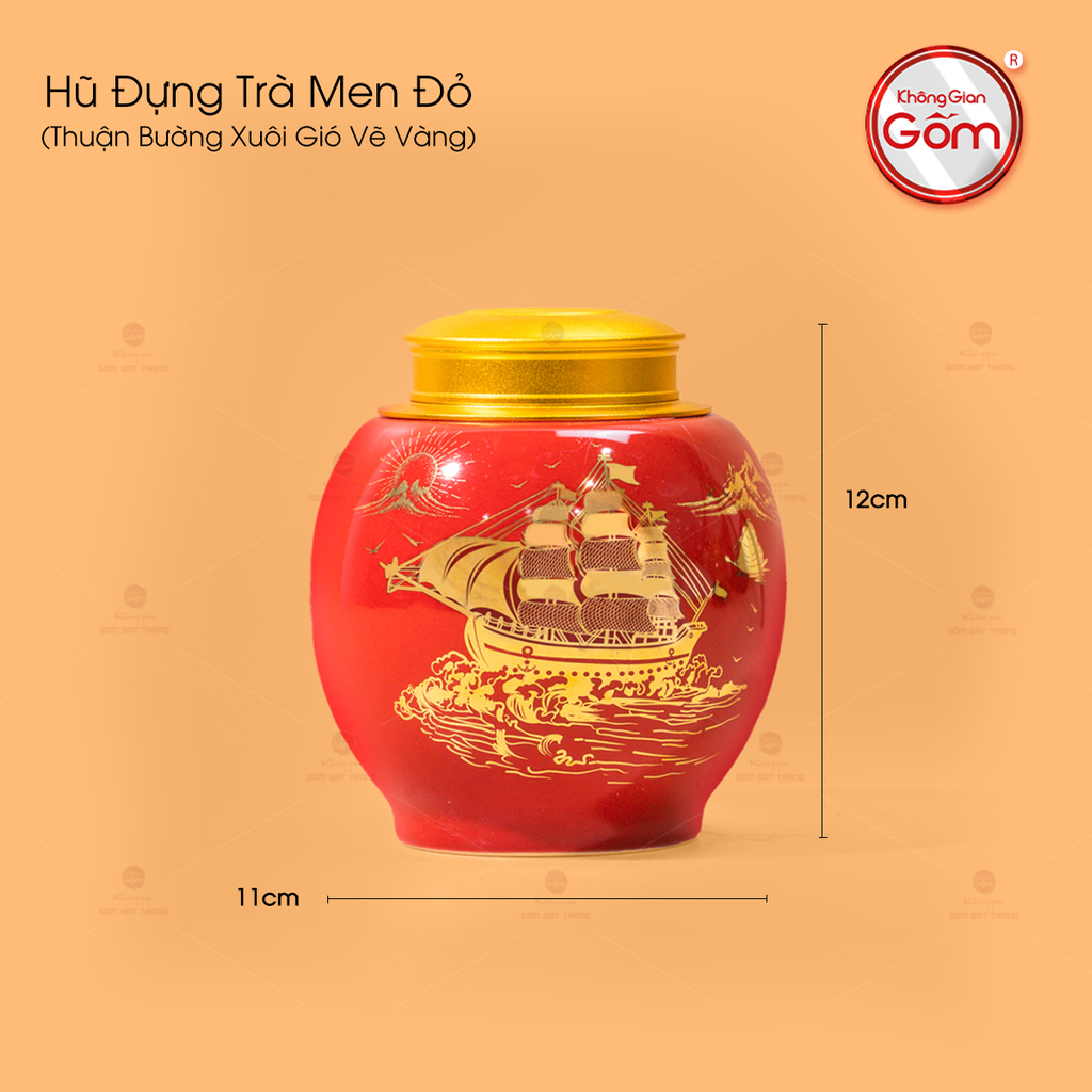Hũ Đựng Trà Men Đỏ Họa Tiết Thuận Buồm Xuôi Gió Vẽ Vàng