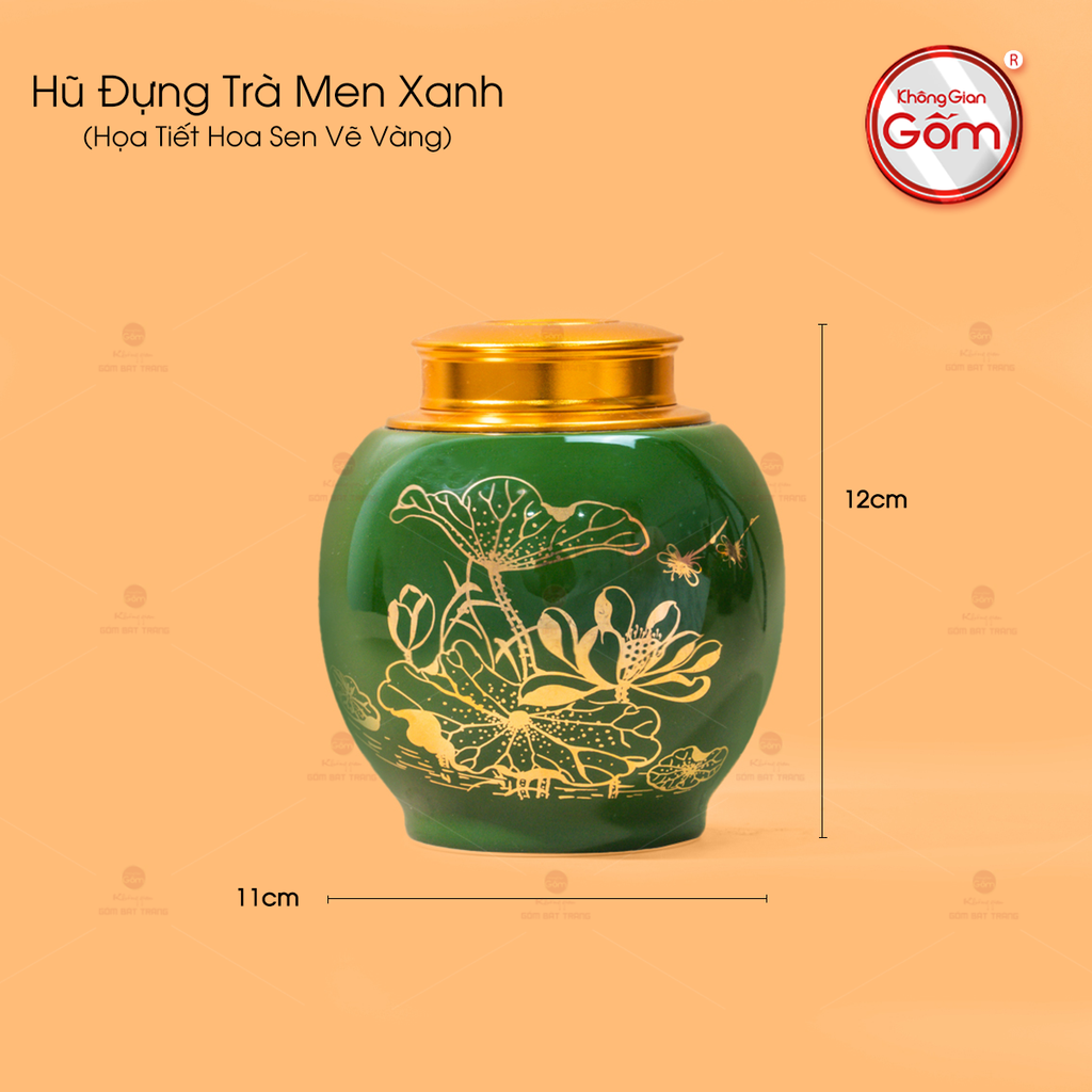 Hũ Đựng Trà Men Xanh Ngọc Họa Tiết Hoa Sen Vẽ Vàng