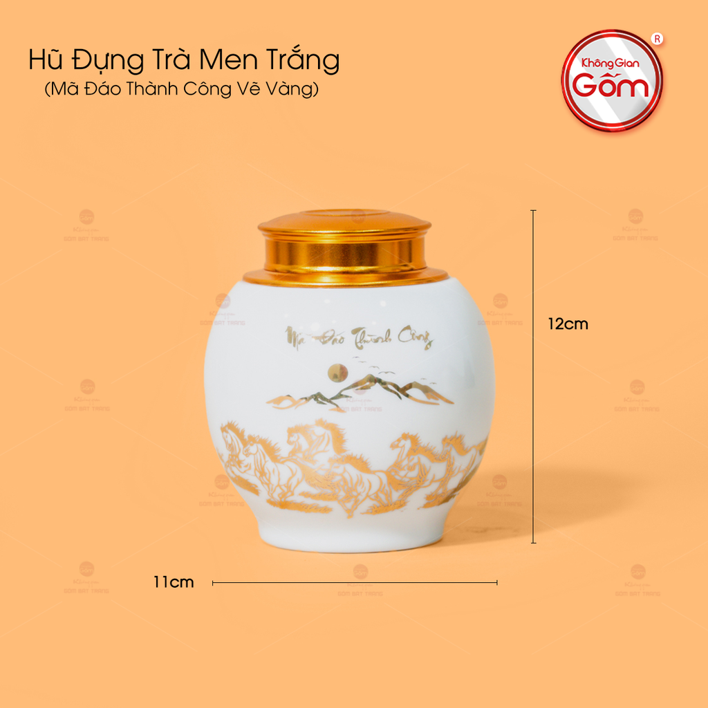 Hũ Đựng Trà Men Trắng Họa Tiết Mã Đáo Vẽ Vàng