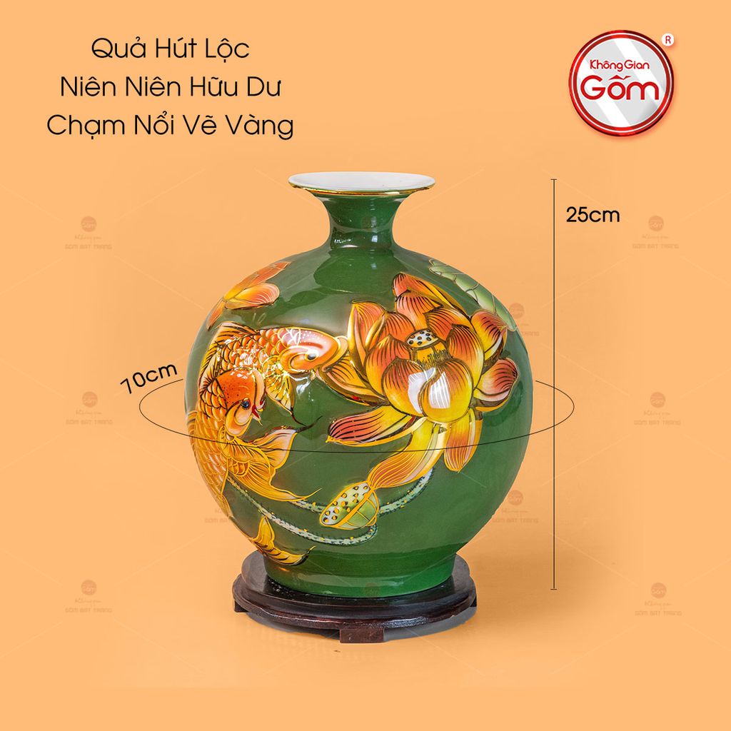 Quả Hút Lộc Niên Niên Hữu Dư Chạm Nổi Vẽ Vàng