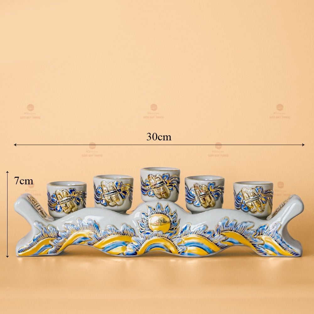 Kỷ Ngai 5 Chén Men Hoàng Tộc Vẽ Vàng Họa Tiết Cuốn Thư