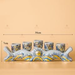 Kỷ Ngai 5 Chén Men Hoàng Tộc Vẽ Vàng Họa Tiết Cuốn Thư