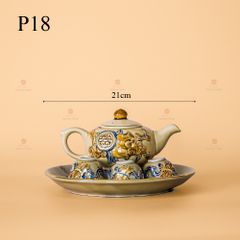 Bộ Ấm 3 Chén Thờ Men Hoàng Thổ Vẽ Vàng Họa Tiết Cuốn Thư