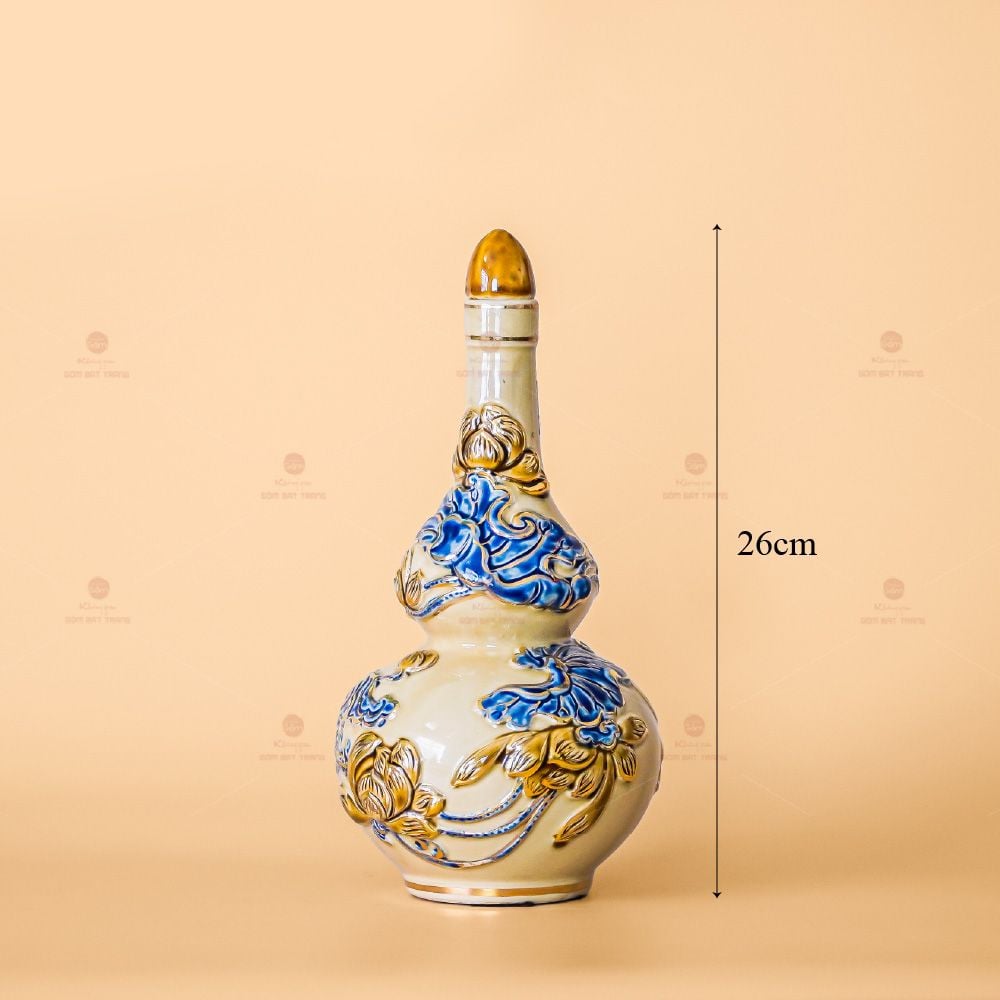 Nậm Rượu Thờ Men Hoàng Tộc Vẽ Vàng Họa Tiết Hoa Sen