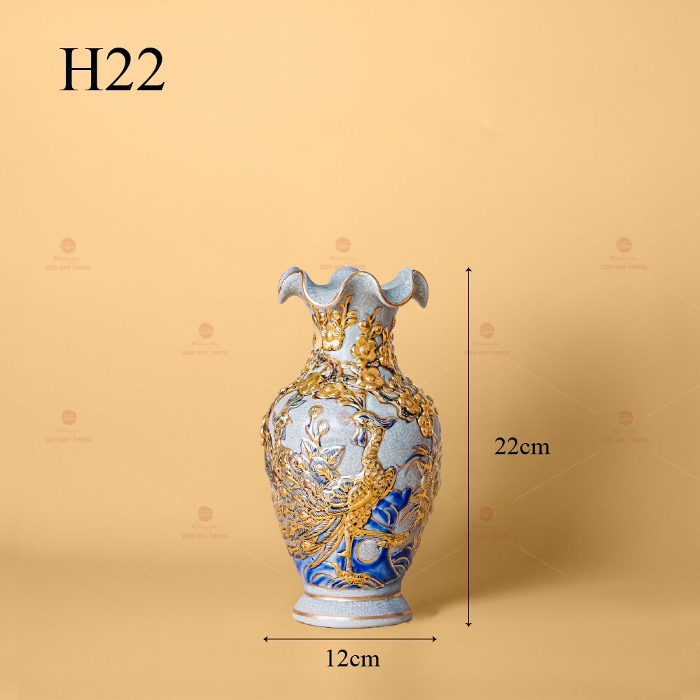 Lọ Hoa Miệng Lượn Men Rạn Vẽ Vàng Họa Tiết Công Đào