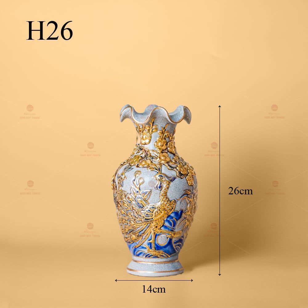 Lọ Hoa Miệng Lượn Men Rạn Vẽ Vàng Họa Tiết Công Đào