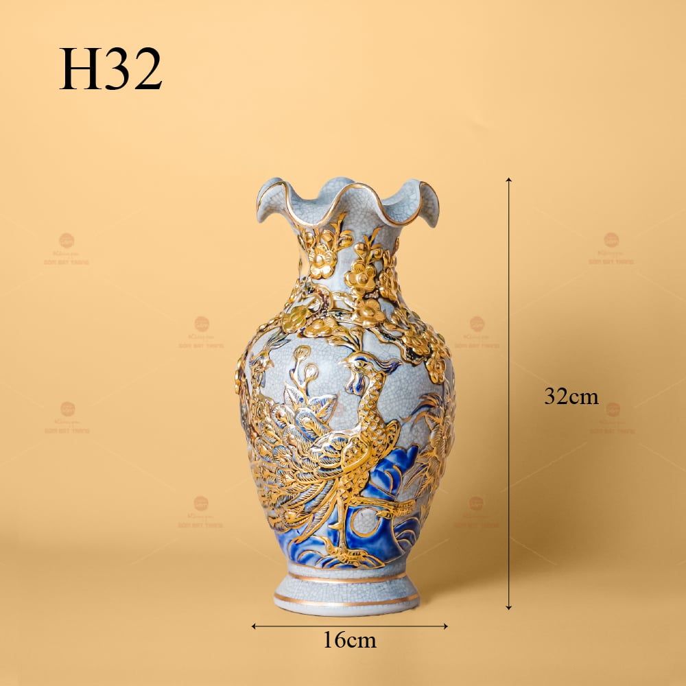 Lọ Hoa Miệng Lượn Men Rạn Vẽ Vàng Họa Tiết Công Đào
