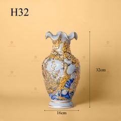 Lọ Hoa Miệng Lượn Men Rạn Vẽ Vàng Họa Tiết Công Đào