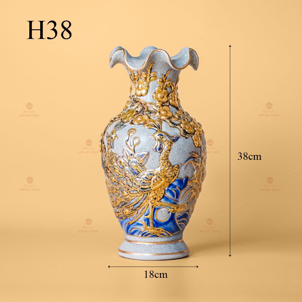 Lọ Hoa Miệng Lượn Men Rạn Vẽ Vàng Họa Tiết Công Đào