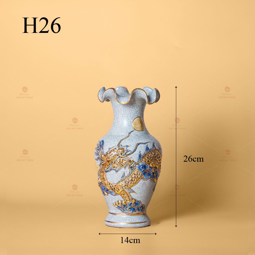 Lọ Hoa Miệng Lượn Men Rạn Vẽ Vàng Họa Tiết Rồng Chầu Nhật
