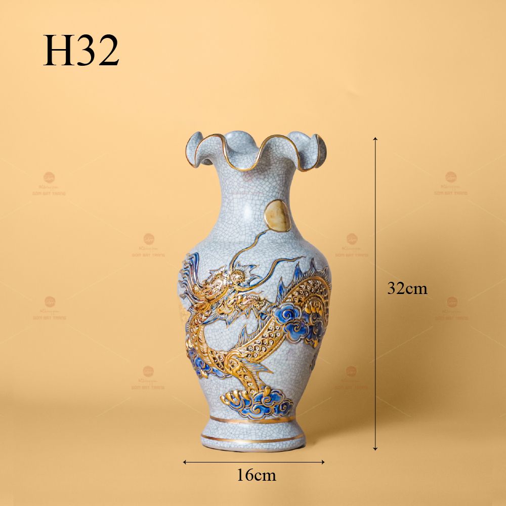 Lọ Hoa Miệng Lượn Men Rạn Vẽ Vàng Họa Tiết Rồng Chầu Nhật