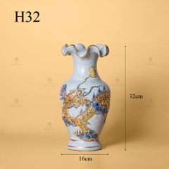 Lọ Hoa Miệng Lượn Men Rạn Vẽ Vàng Họa Tiết Rồng Chầu Nhật