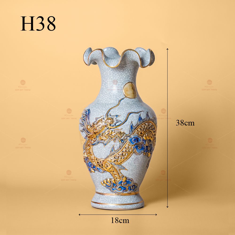 Lọ Hoa Miệng Lượn Men Rạn Vẽ Vàng Họa Tiết Rồng Chầu Nhật
