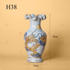Lọ Hoa Miệng Lượn Men Rạn Vẽ Vàng Họa Tiết Rồng Chầu Nhật