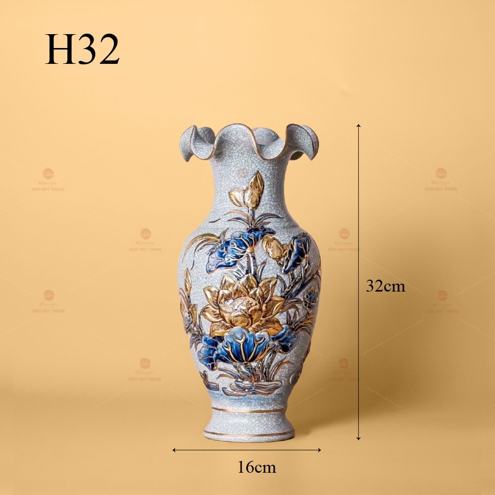 Lọ Hoa Miệng Lượn Men Rạn Vẽ Vàng Họa Tiết Hoa Sen