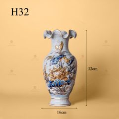 Lọ Hoa Miệng Lượn Men Rạn Vẽ Vàng Họa Tiết Hoa Sen